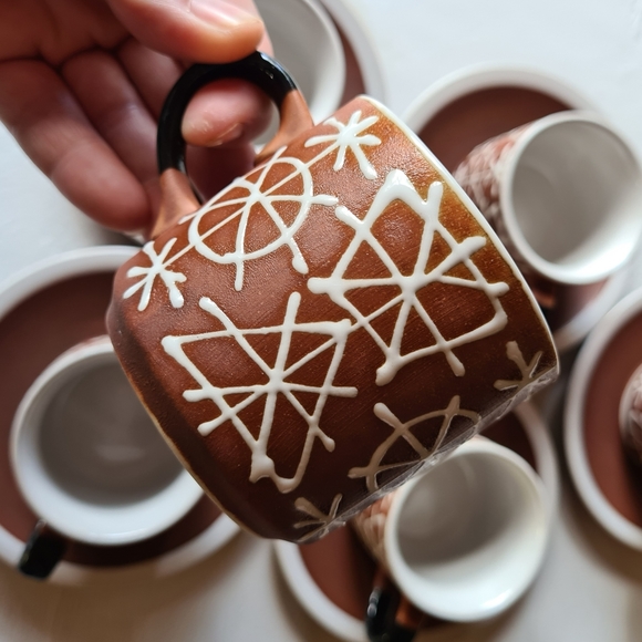 VINTAGE 70s 80s Japanese Brown White Black Cup & Saucer Set of 6 Tea Coffee Cups - Picture 5 of 13